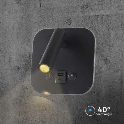 LED sieninis taškinis šviestuvas su USB prievadu LED/8W/230V 3000K juodas