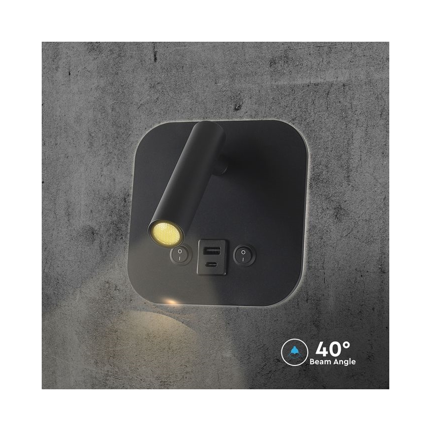 LED sieninis taškinis šviestuvas su USB prievadu LED/8W/230V 3000K juodas