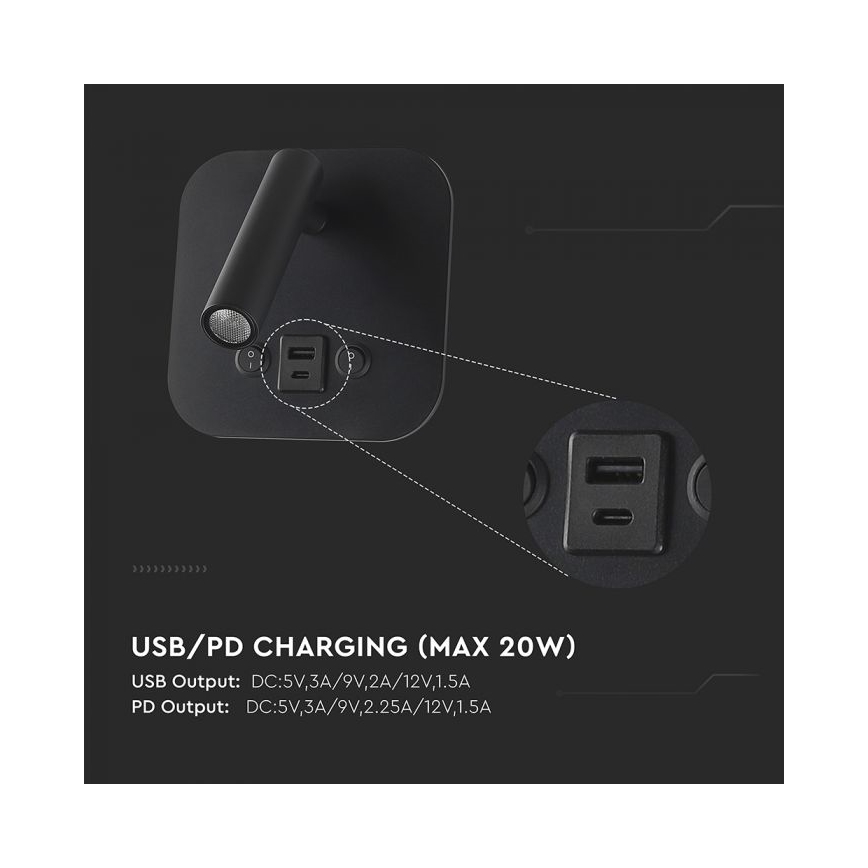 LED sieninis taškinis šviestuvas su USB prievadu LED/8W/230V 3000K juodas