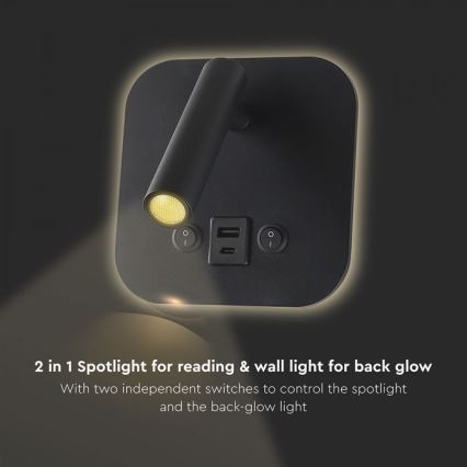LED sieninis taškinis šviestuvas su USB prievadu LED/8W/230V 3000K juodas