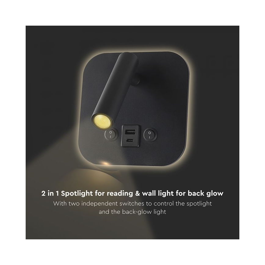 LED sieninis taškinis šviestuvas su USB prievadu LED/8W/230V 3000K juodas