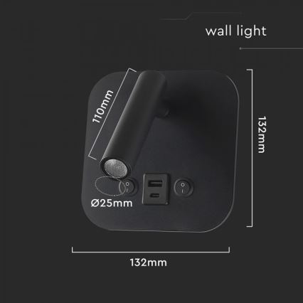 LED sieninis taškinis šviestuvas su USB prievadu LED/8W/230V 3000K juodas