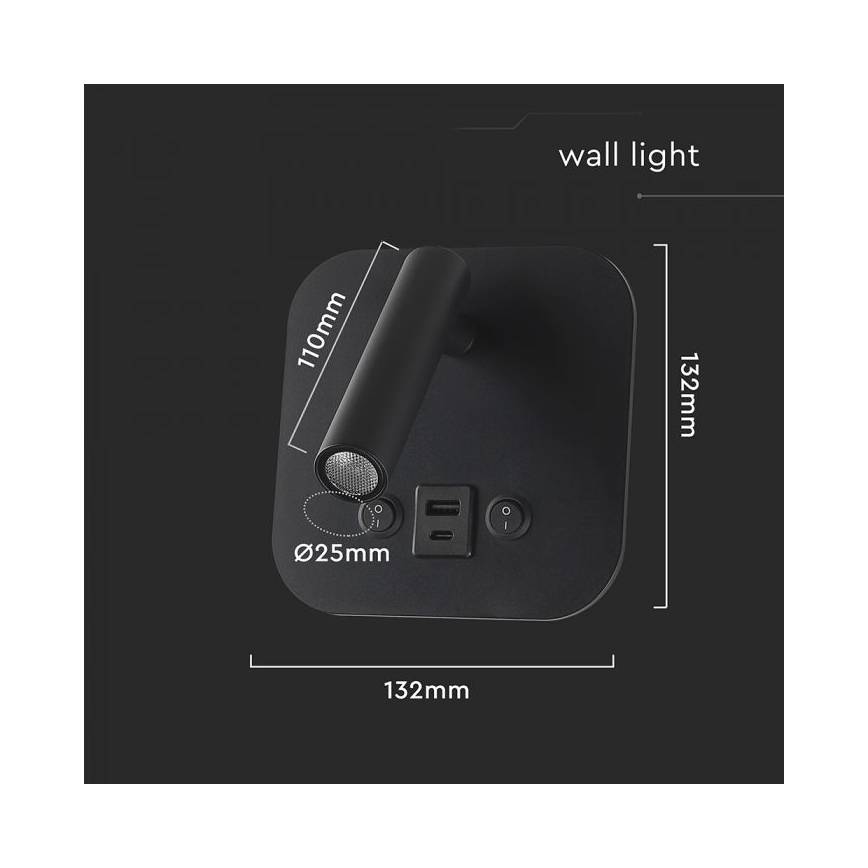 LED sieninis taškinis šviestuvas su USB prievadu LED/8W/230V 3000K juodas