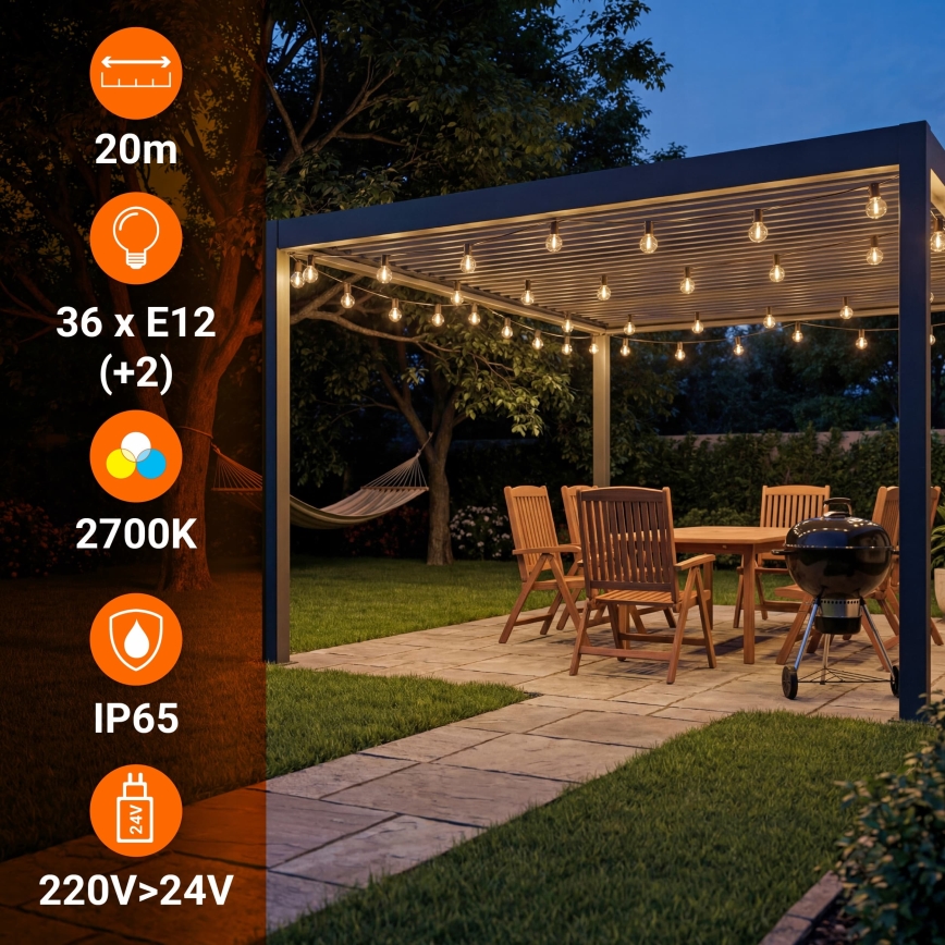 LED dimeriuojama lauko dekoratyvinė girlianda 36xE12/1W/24/230V 22,35 m IP65 juoda + su nuotoliniu pultu