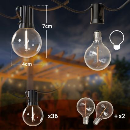 LED dimeriuojama lauko dekoratyvinė girlianda 36xE12/1W/24/230V 22,35 m IP65 juoda + su nuotoliniu pultu