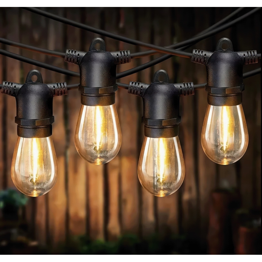 LED reguliuojamas saulės dekoratyvinis girliandas 10xE27/0,3W/3/5V USB 2400 mAh 10,62 m IP65 juoda + nuotolinis valdymas