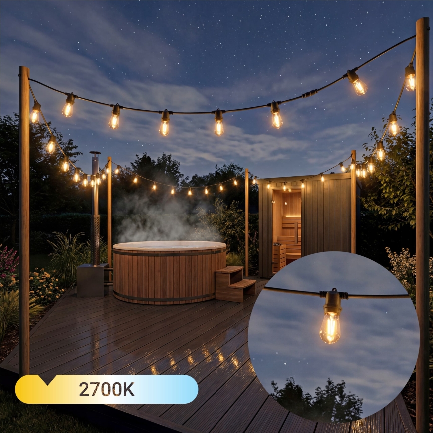 LED reguliuojamas saulės dekoratyvinis girliandas 10xE27/0,3W/3/5V USB 2400 mAh 10,62 m IP65 juoda + nuotolinis valdymas