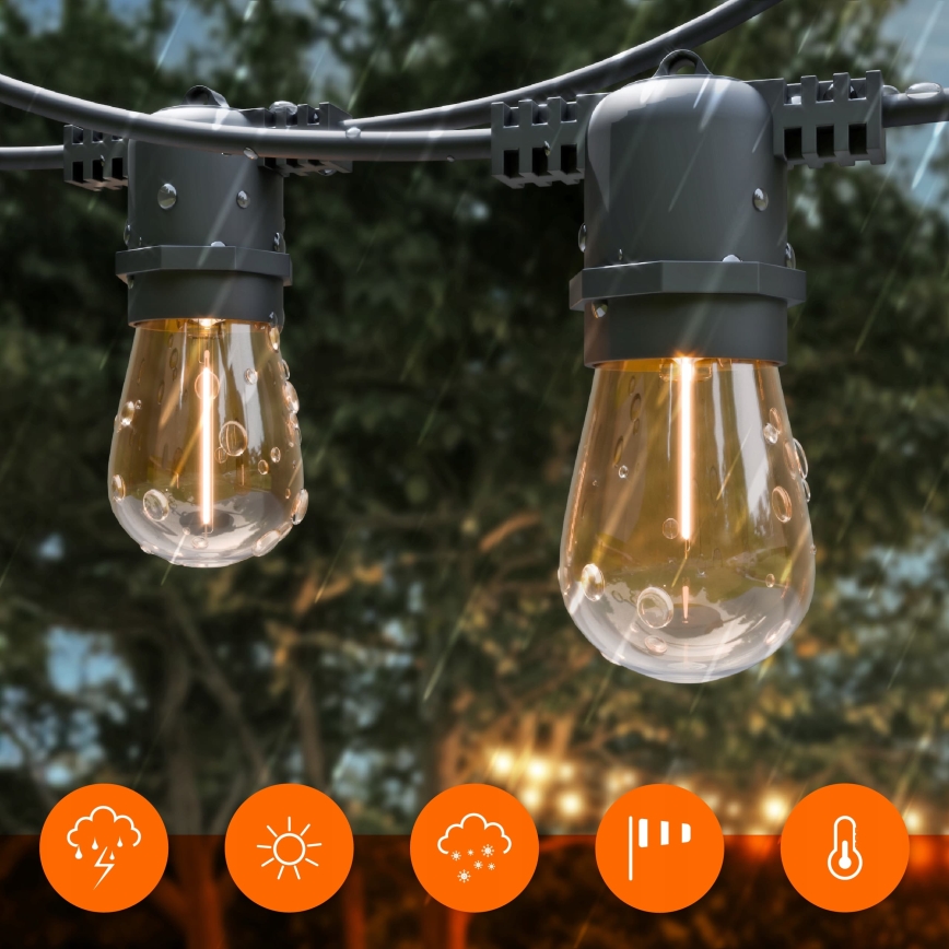 LED reguliuojamas saulės dekoratyvinis girliandas 10xE27/0,3W/3/5V USB 2400 mAh 10,62 m IP65 juoda + nuotolinis valdymas