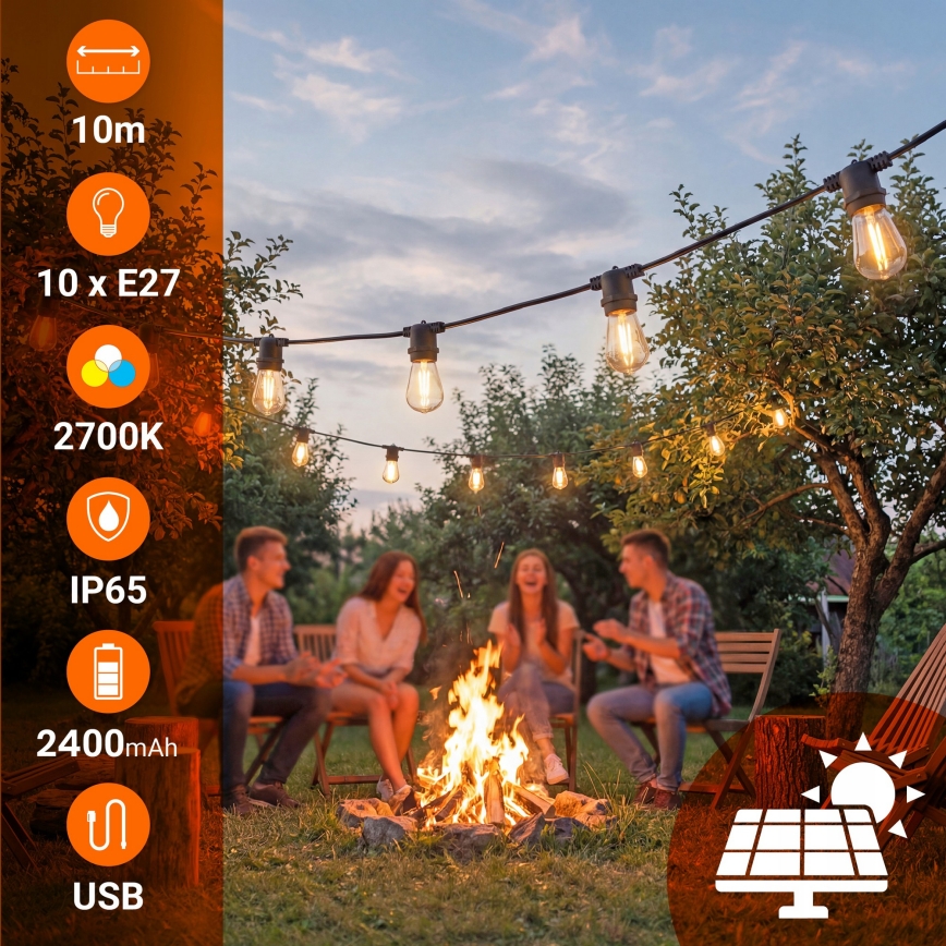 LED reguliuojamas saulės dekoratyvinis girliandas 10xE27/0,3W/3/5V USB 2400 mAh 10,62 m IP65 juoda + nuotolinis valdymas