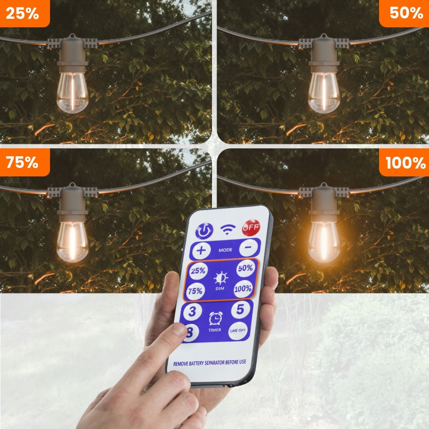 LED reguliuojamas saulės dekoratyvinis girliandas 10xE27/0,3W/3/5V USB 2400 mAh 10,62 m IP65 juoda + nuotolinis valdymas
