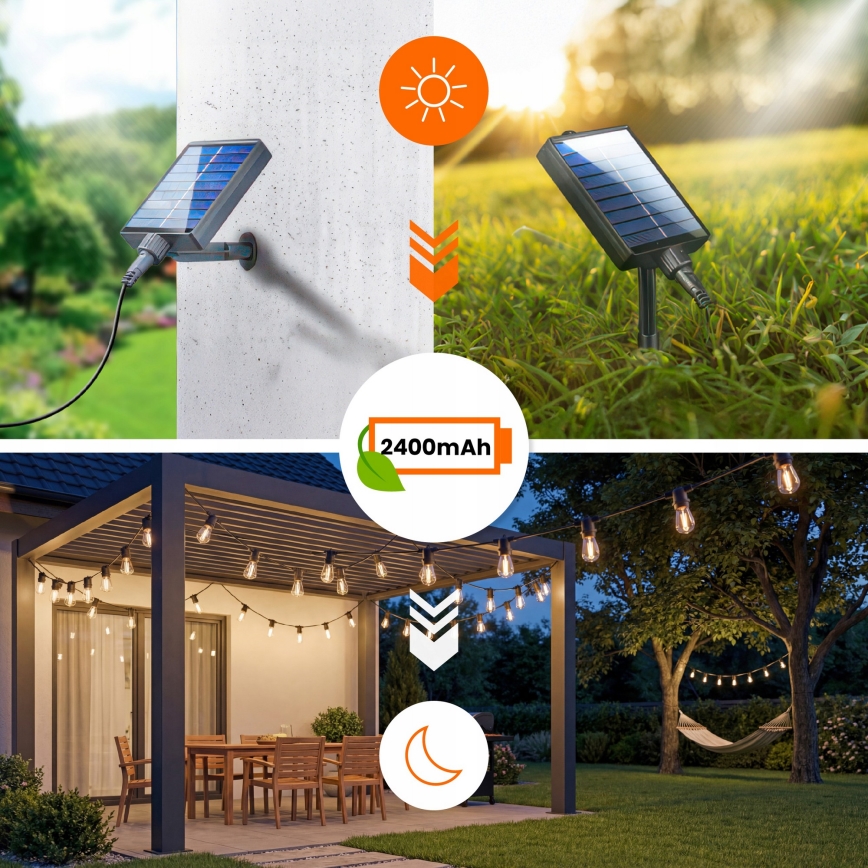 LED reguliuojamas saulės dekoratyvinis girliandas 10xE27/0,3W/3/5V USB 2400 mAh 10,62 m IP65 juoda + nuotolinis valdymas