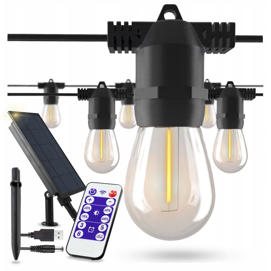 LED reguliuojamas saulės dekoratyvinis girliandas 10xE27/0,3W/3/5V USB 2400 mAh 10,62 m IP65 juoda + nuotolinis valdymas