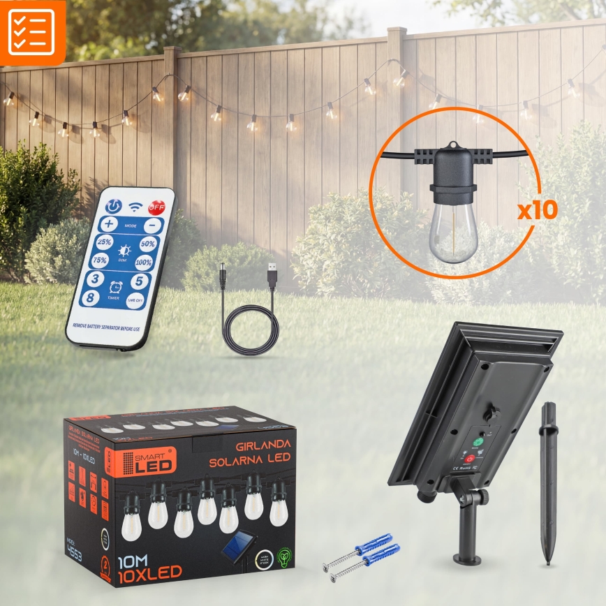 LED reguliuojamas saulės dekoratyvinis girliandas 10xE27/0,3W/3/5V USB 2400 mAh 10,62 m IP65 juoda + nuotolinis valdymas