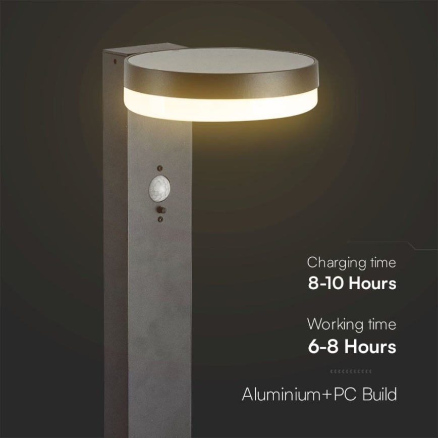 LED šviestuvas, įkraunamas saulės energija su jutikliu LED/2W/3,7V IP54 3000K 2200 mAh apvalus juoda