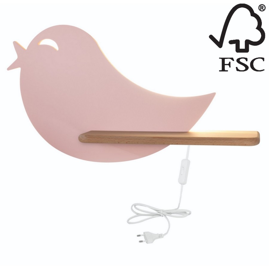 LED vaikiška sieninė lempa su lentyna BIRD LED/5W/230V rausva/medis