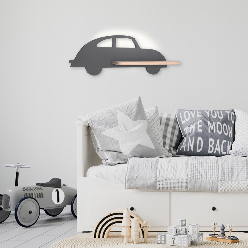 LED vaikiška sieninė lempa su lentyna CAR LED/5W/230V pilka/medis