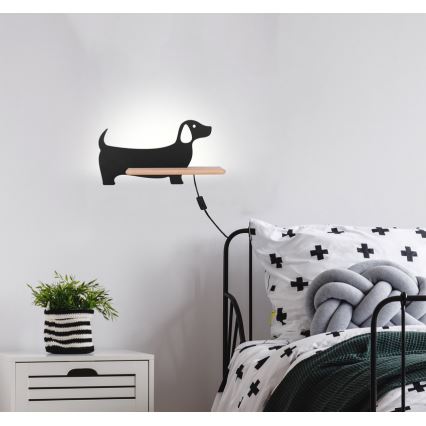LED vaikiška sieninė lempa su lentyna DOG LED/5W/230V juoda/medis