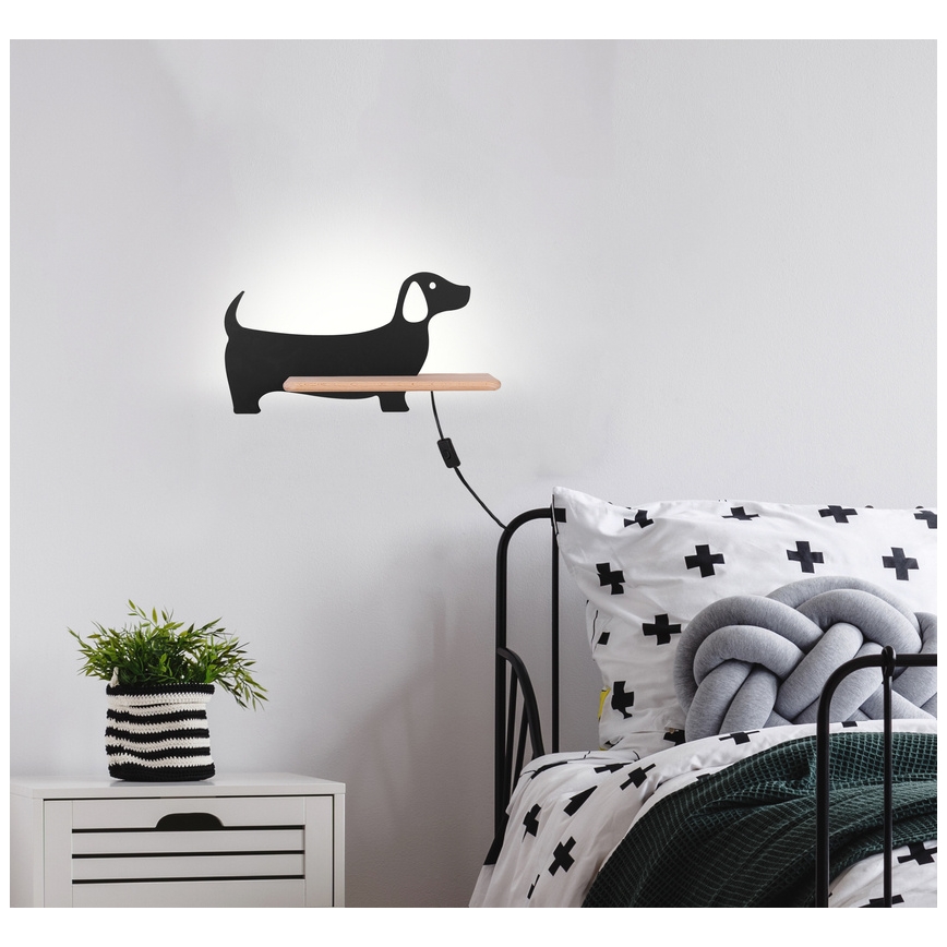 LED vaikiška sieninė lempa su lentyna DOG LED/5W/230V juoda/medis