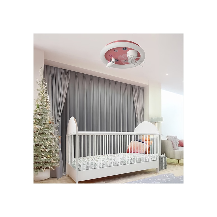 LED vaikiškas lubų šviestuvas su ventiliatoriumi, reguliuojamas ryškumas, LED/48W/230V 3000/4000/6000K, skersmuo 50 cm, rožinis + nuotolinis valdymas