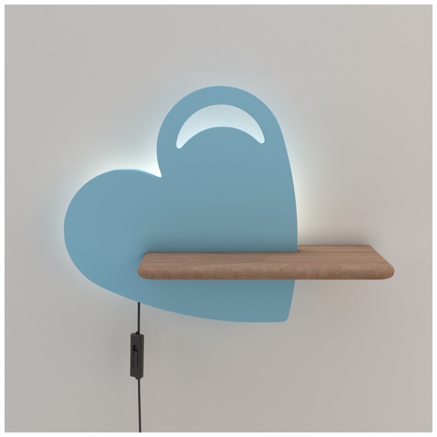 LED Vaikiškas sieninis šviestuvas su lentyna HEART LED/5W/230V mėlyna/medinė