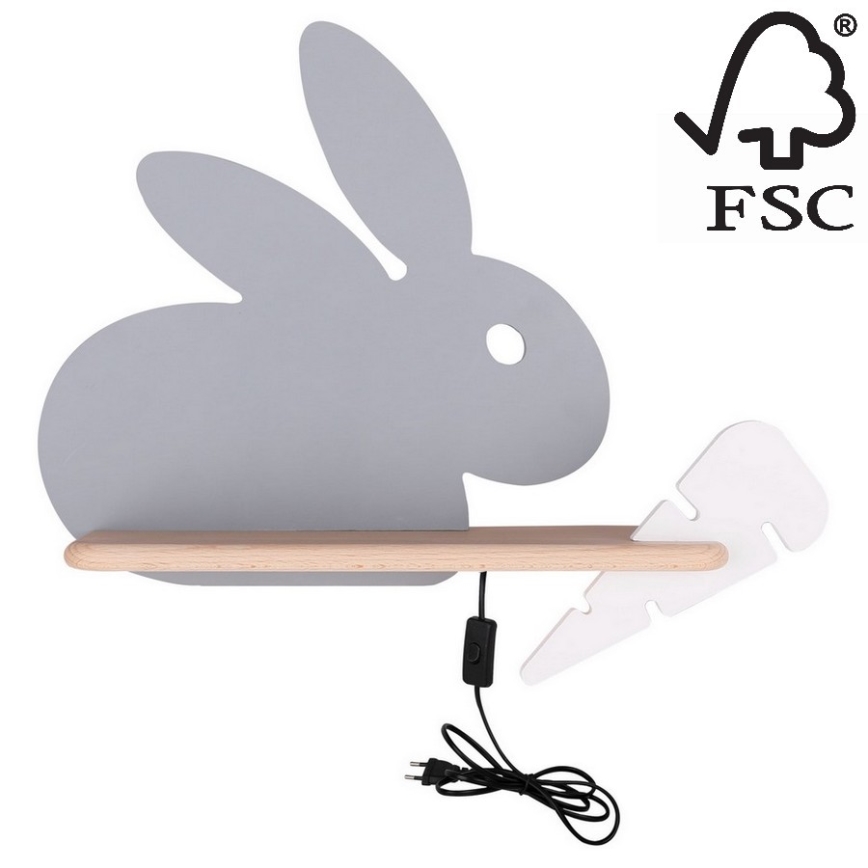 LED Vaikiškas sieninis šviestuvas su lentyna RABBIT LED/4W/230V pilka/balta/medinė