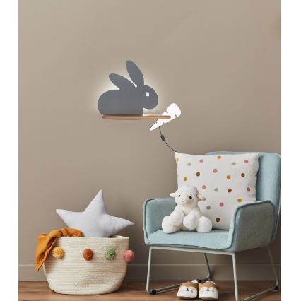 LED Vaikiškas sieninis šviestuvas su lentyna RABBIT LED/4W/230V pilka/balta/medinė