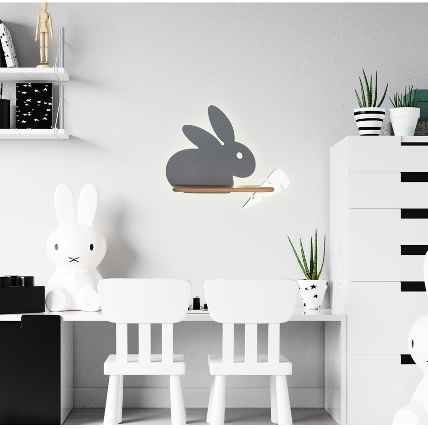 LED Vaikiškas sieninis šviestuvas su lentyna RABBIT LED/4W/230V pilka/balta/medinė
