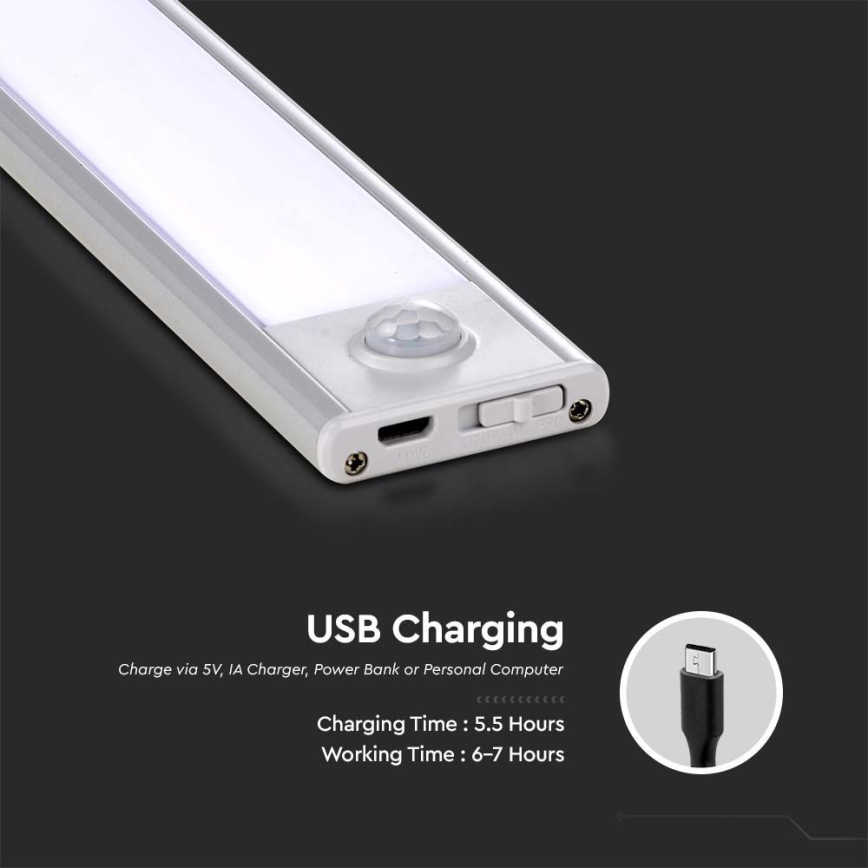 LED virtuvės šviestuvas, kabinamas po spintele su jutikliu LED/2W/5V 4000K 2200 mAh