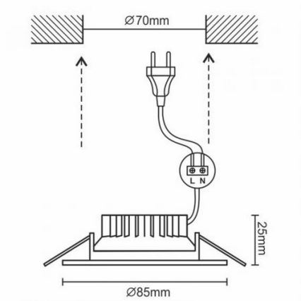 LED Vonios kambario įleidžiama lemputė LED / 7W / 230V 4000K balta IP44