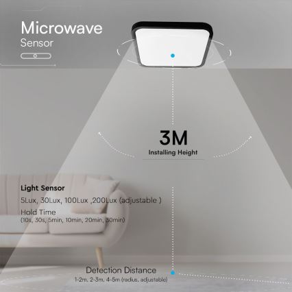 LED Lubų vonios kambario šviestuvas su jutikliu SAMSUNG CHIP LED/18W/230V IP44 4000K 29x29 cm juodas + nuotolinio valdymo pultas
