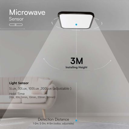 LED Lubų vonios kambario šviestuvas su sensoriumi LED/36W/230V 4000K IP44 42x42 cm juodas + nuotolinis valdymas