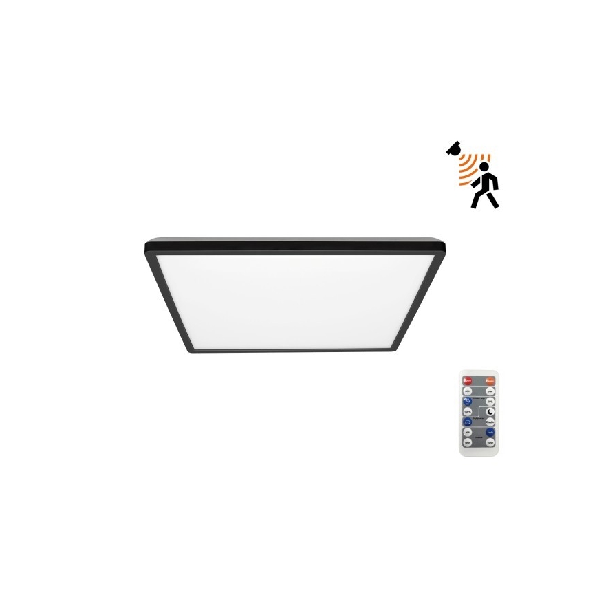 LED Vonios kambario šviestuvas su judesio ir prieblandos jutikliu NIVERA LED/12W/230V IP54 3000/4000/6000K 22,5x22,5 cm juoda + nuotolinio valdymo pultas