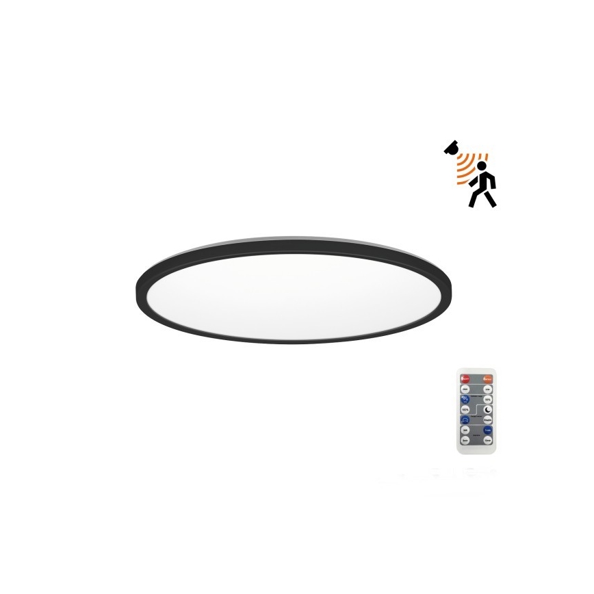 LED Vonios kambario šviestuvas su judesio ir prieblandos jutikliu NIVERA LED/12W/230V IP54 3000/4000/6000K diametras 22,5 cm juoda + nuotolinio valdymo pultas