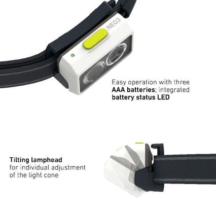 Ledlenser NEO3 - reguliuojamas LED galvos žibintas LED/3xAAA IP54 400 lm 20 val. juoda/balta