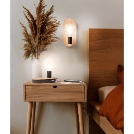 Ledvance - Jutiklinis stalinis šviestuvas Su USB connector DECOR WOOD 1xE27/8W/230V Kietmedis