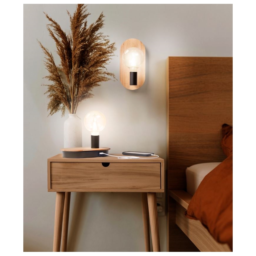 Ledvance - Jutiklinis stalinis šviestuvas Su USB connector DECOR WOOD 1xE27/8W/230V Kietmedis