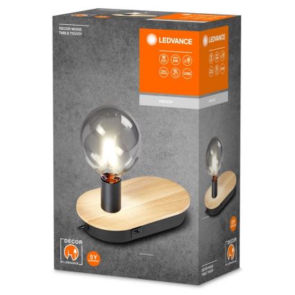 Ledvance - Jutiklinis stalinis šviestuvas Su USB connector DECOR WOOD 1xE27/8W/230V Kietmedis