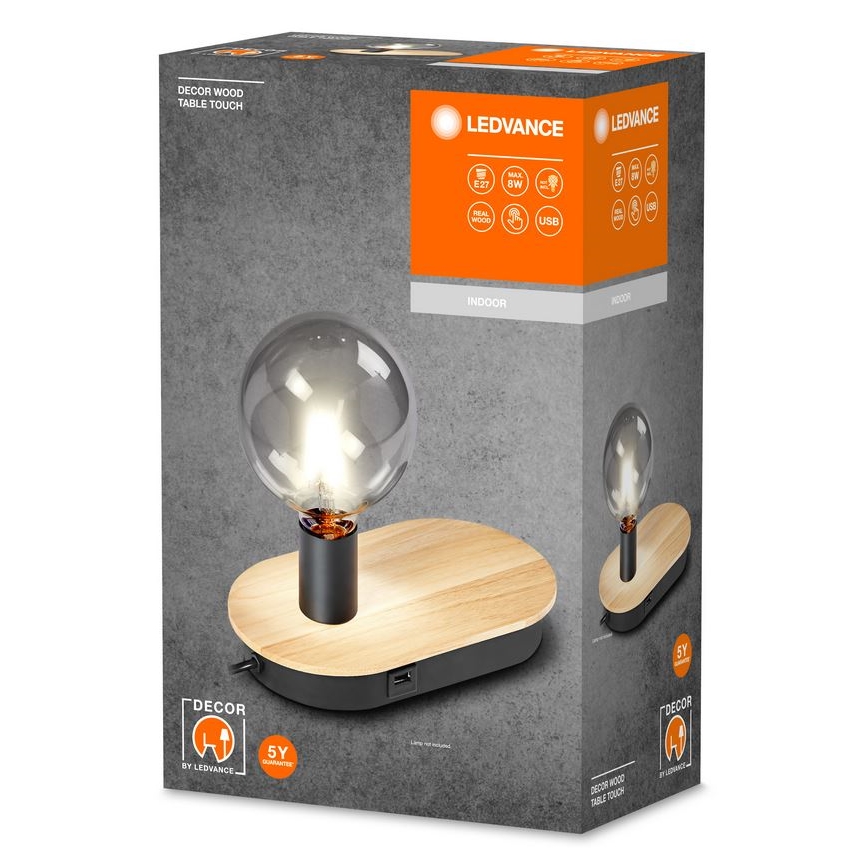 Ledvance - Jutiklinis stalinis šviestuvas Su USB connector DECOR WOOD 1xE27/8W/230V Kietmedis