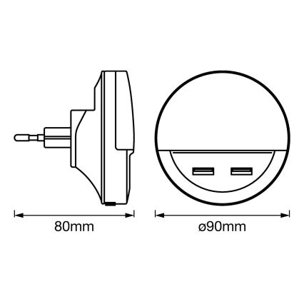 Ledvance - LED Naktinė lemputėį lizdui su jutikliu LUNETTA 2xUSB LED/13W/230V