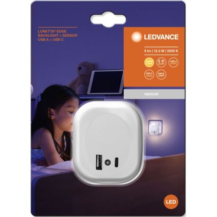 Ledvance - LED naktinis šviestuvas su jutikliu, jungiamas į kištukinį lizdą ir USB LUNETTA LED/12,5W/230V 3000K balta