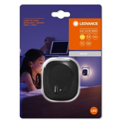 Ledvance - LED naktinis šviestuvas su jutikliu, jungiamas į kištukinį lizdą ir USB LUNETTA LED/12,5W/230V 3000K juoda