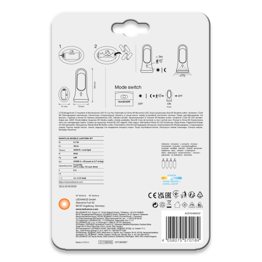 Ledvance - LED Orientacinis šviestuvas su jutikliu MOBILE LED/0,7W/4xAAA