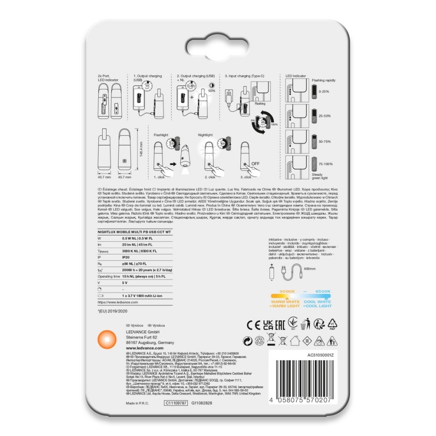 Ledvance - LED Power bank su žibintuvėlio funkcija MOBILE LED/0,5W/5V 1800 mAh 2xUSB