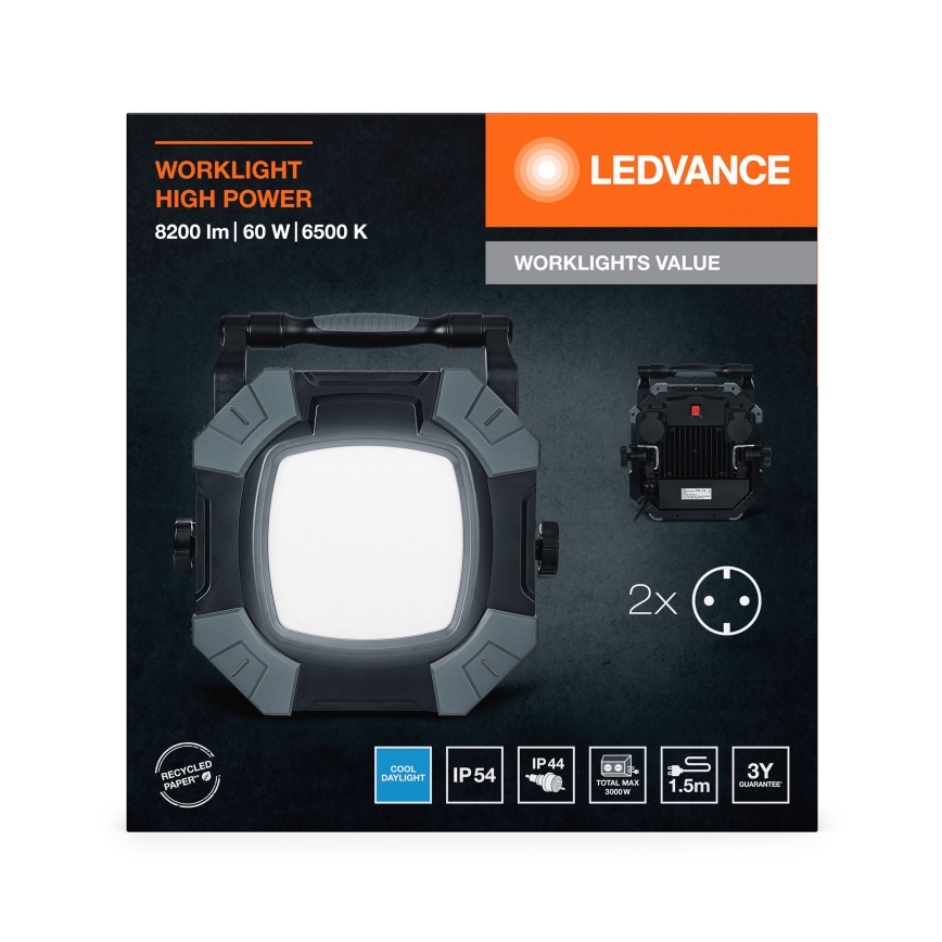 Ledvance - LED Pritemdomas darbinis šviestuvas su 2 lizdais WORKLIGHT VALUE LED/60W/230V IP54