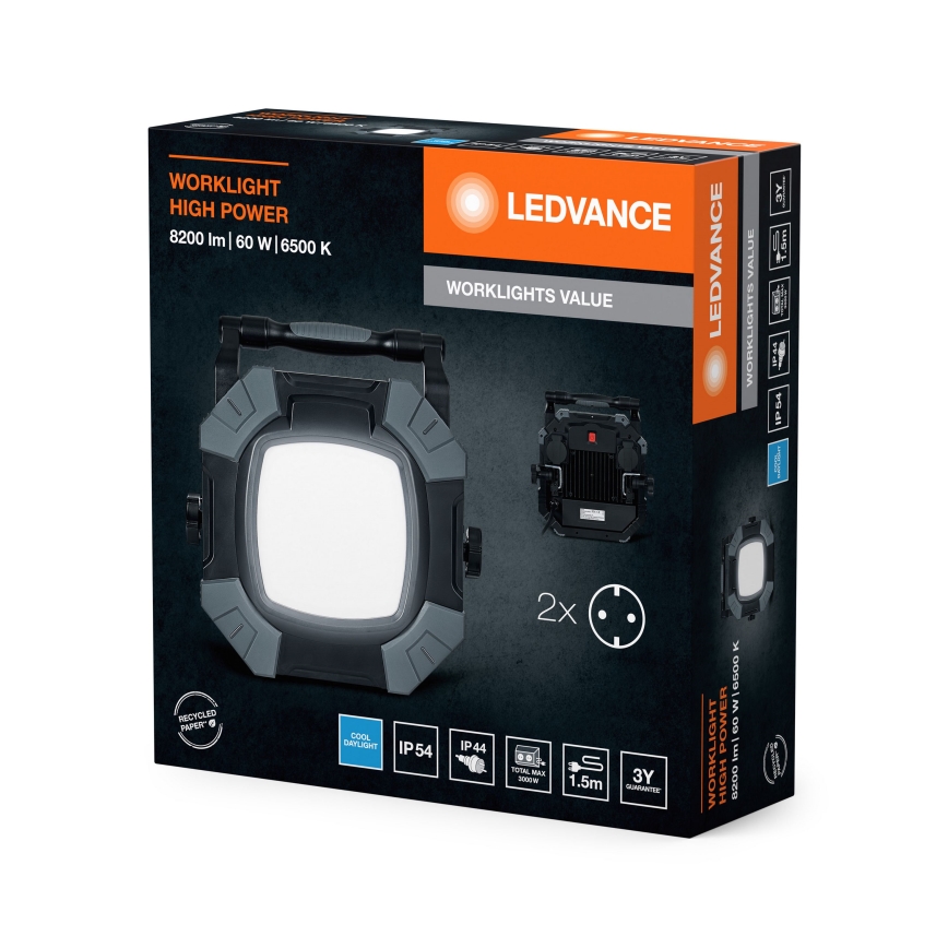 Ledvance - LED Pritemdomas darbinis šviestuvas su 2 lizdais WORKLIGHT VALUE LED/60W/230V IP54