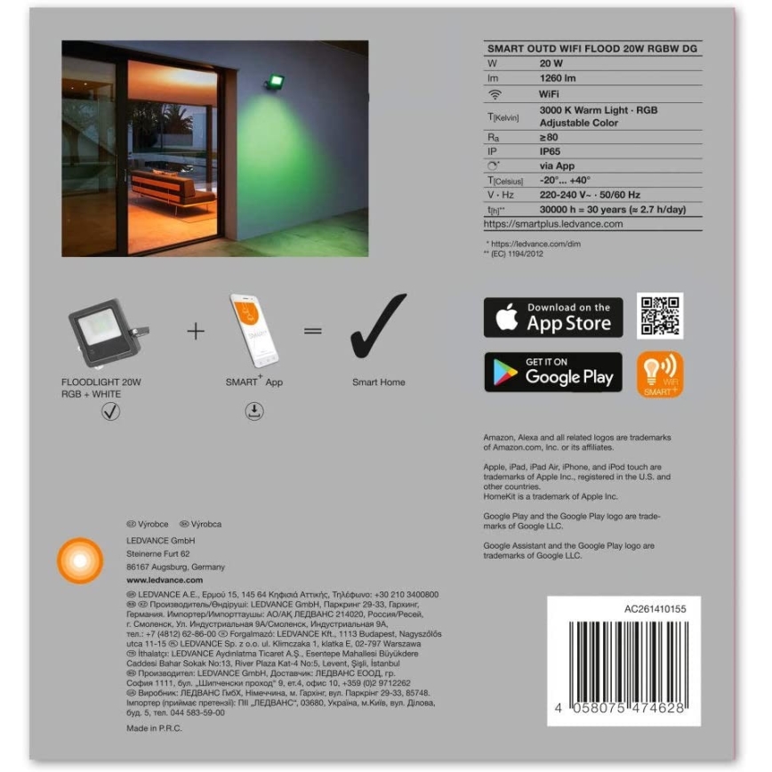 Ledvance - LED RGB prožektorius SMART + FLOOD LED/20W/230V IP65 Wi-Fi