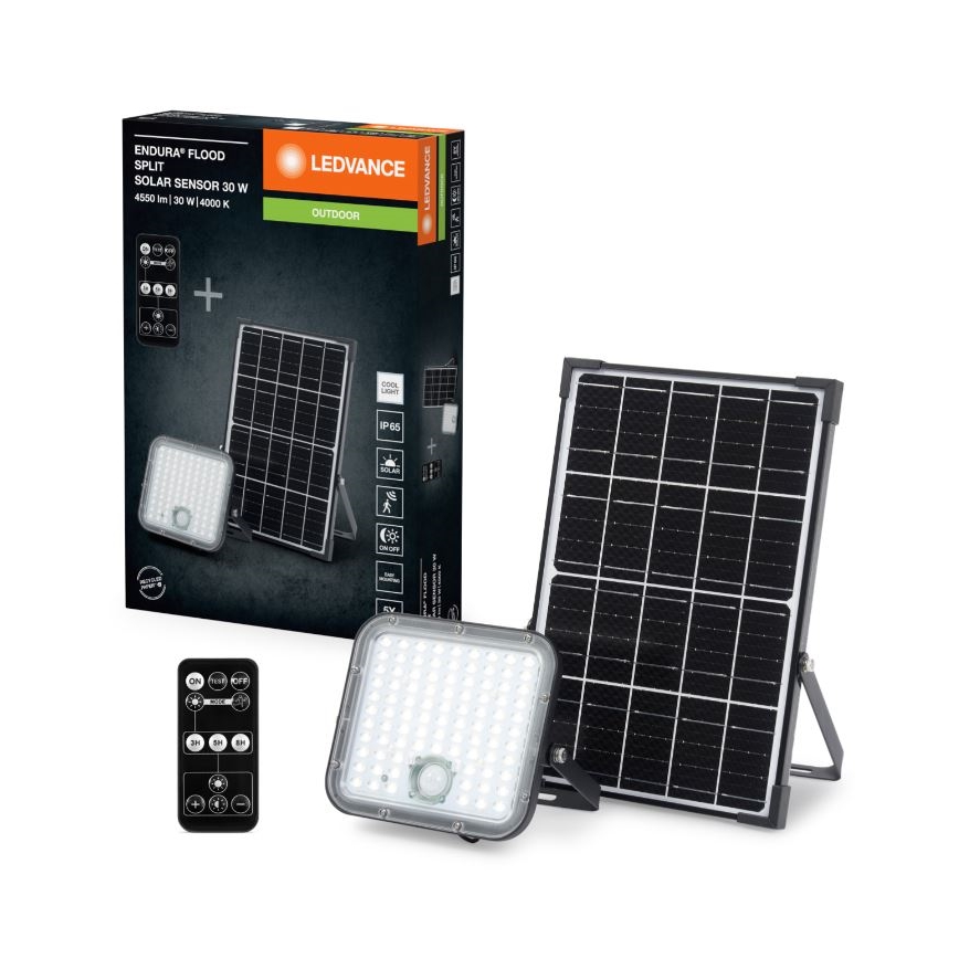 Ledvance - LED pritemdomas saulės prožektorius su jutikliu FLOOD SPLIT LED/30W/6,4V IP65 + nuotolinio valdymo pultas
