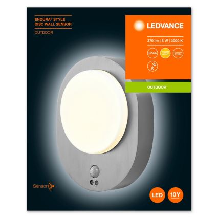 Ledvance - LED Sieninis lauko šviestuvas su jutikliu DISC LED/8W/230V IP44