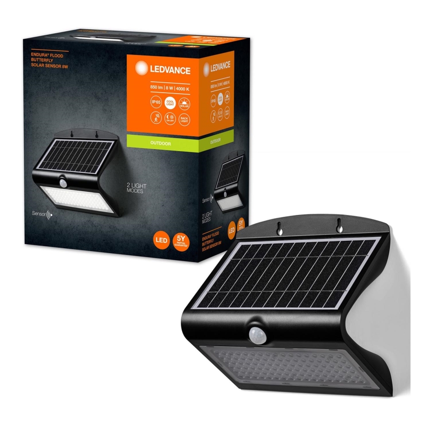Ledvance - LED sieninis šviestuvas su jutikliu, įkraunamas saulės energija DRUGELIS LED/8W/3,7V 2000 mAh IP65