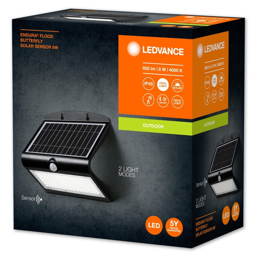 Ledvance - LED sieninis šviestuvas su jutikliu, įkraunamas saulės energija DRUGELIS LED/8W/3,7V 2000 mAh IP65